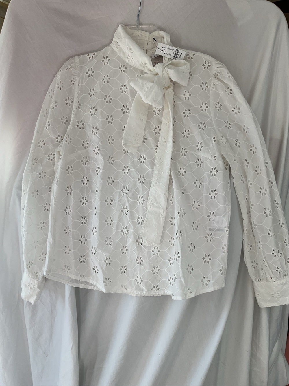 New York & Company White Eyelet Tie-Neck Blouse